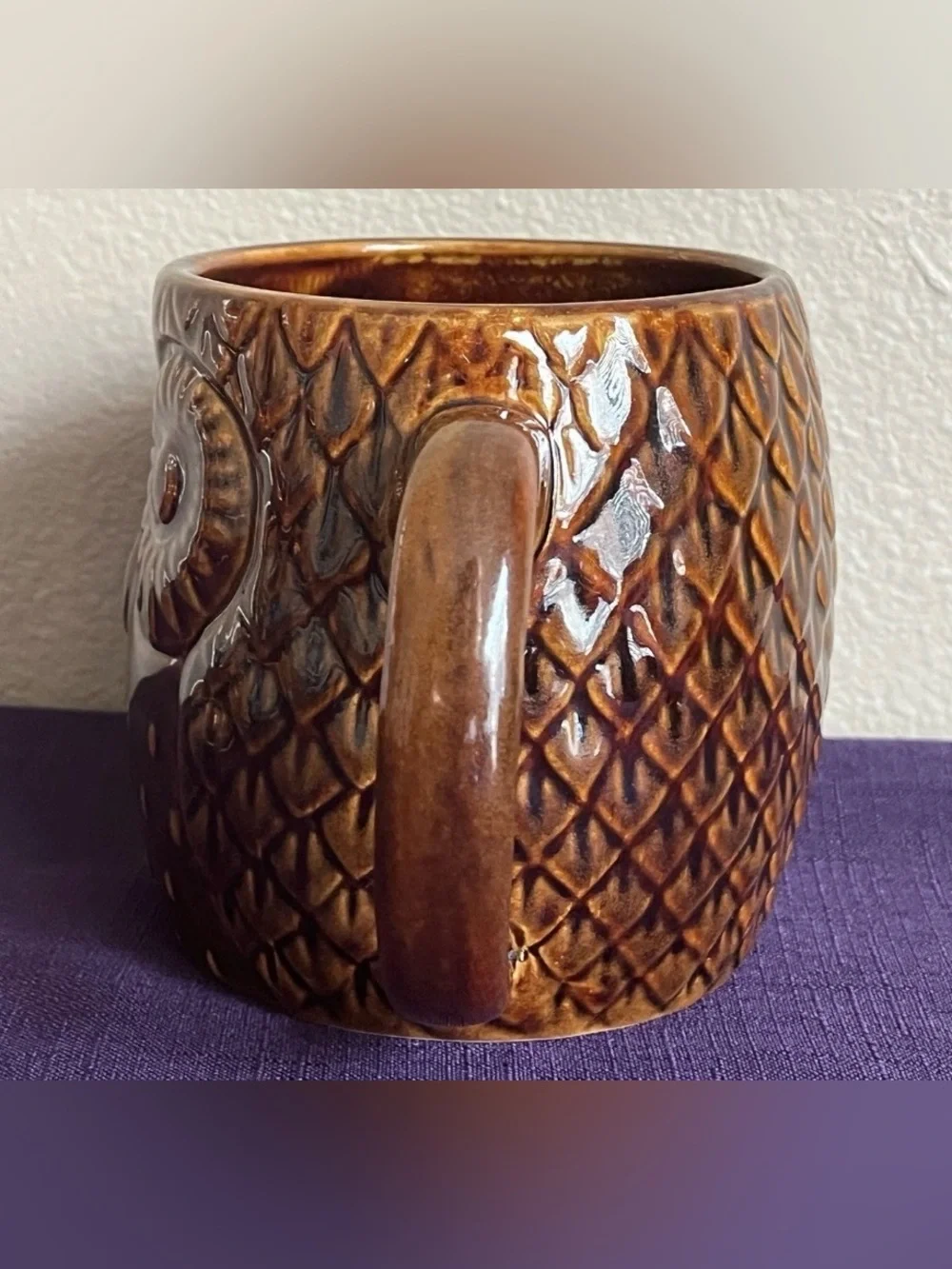 West Elm Owl Mug Brown Embossed Ceramic Coffee Cup Rustic Woodland
